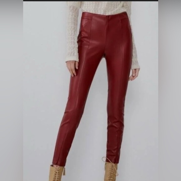 Zara Pants - NWT Zara women’s Burgundy High Rise Leather Leggings Size S